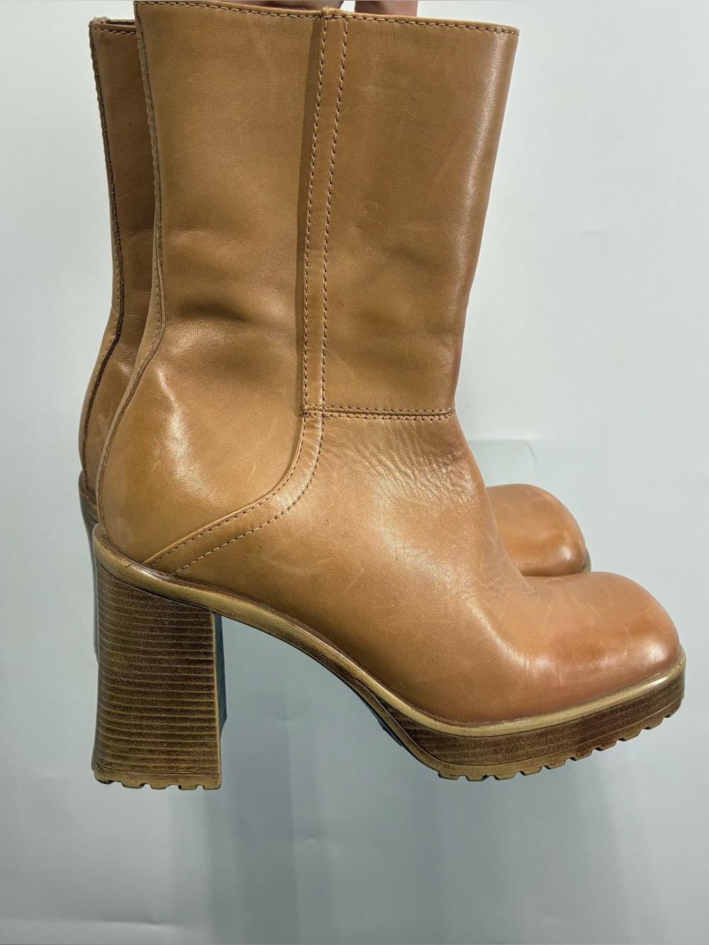 Vintage 90s Steve Madden 6.5 6 1/2 LIZIE Leather Chunky Heel Platform Boots Tan - Picture 9 of 12